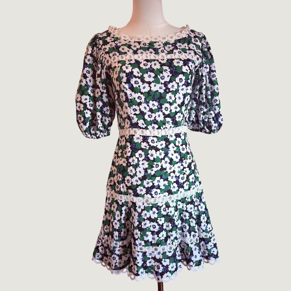 OLIVACEOUS | Blue Green Floral Linen Blend Lace Trim Puff Sleeve Mini Dress Med